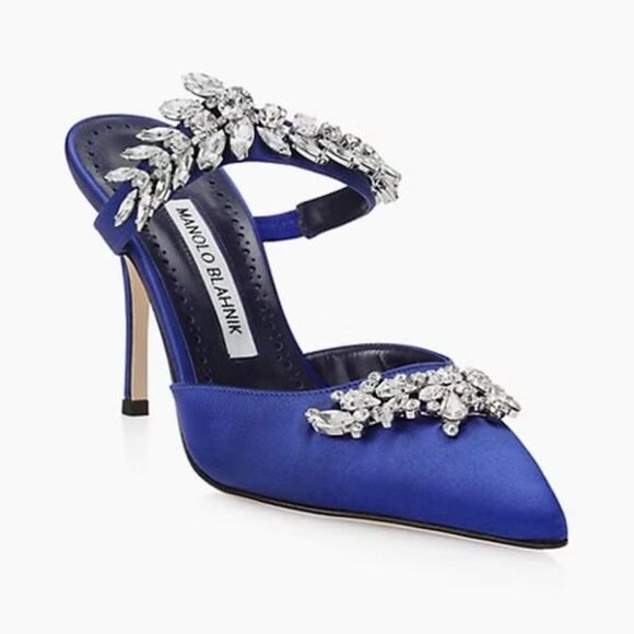 Manolo Blahnik Lurum 90 Embellished Satin Mules size 38 - Picture 1 of 13